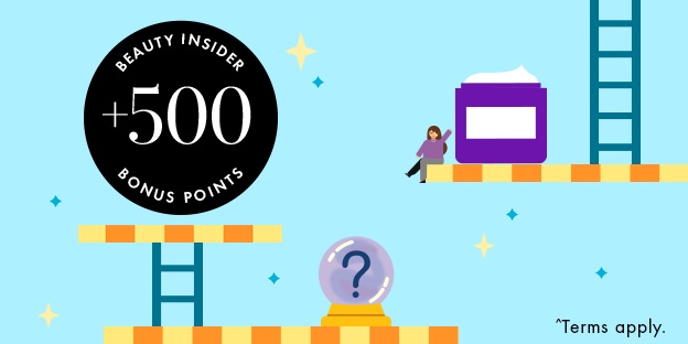 Graphic showing “Beauty Insider +500 Bonus Points” badge with playful platform scene: a small character near a purple jar, ladders, and a question-mark orb. Light blue background with stars and “*Terms apply” text.