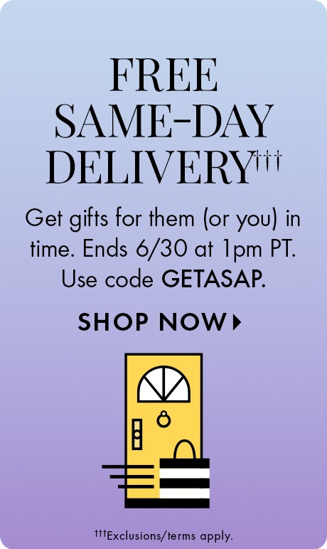 Light blue to purple gradient background with text reading “Free Same‑Day Delivery,” “Get gifts for them (or you) in time. Ends 6/30 at 1pm PT. Use code GETASAP,” and “Shop Now.” An icon of a door and shopping bag appears below.