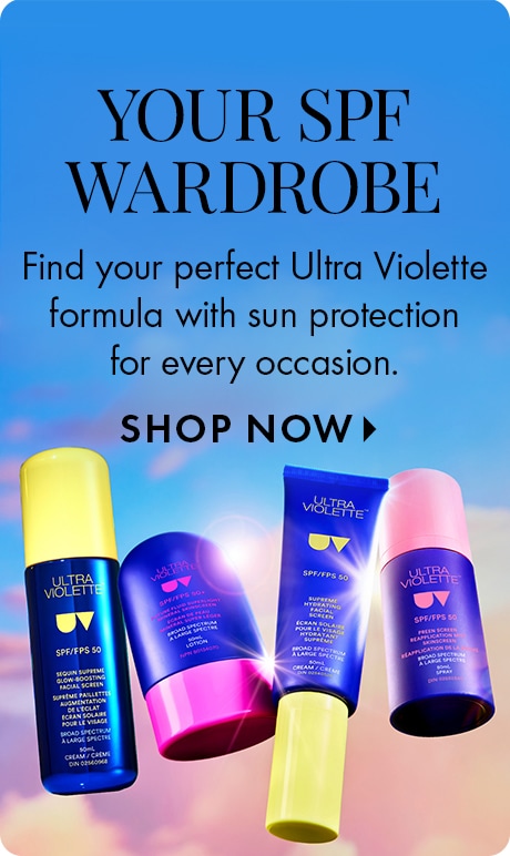 Lavender background with text reading “Foundation and Concealer Obsessions” and “Mix, match, and find your perfect shade—only at Sephora,” plus “Shop Now.” Five complexion products with applicators are lined up at the bottom.
