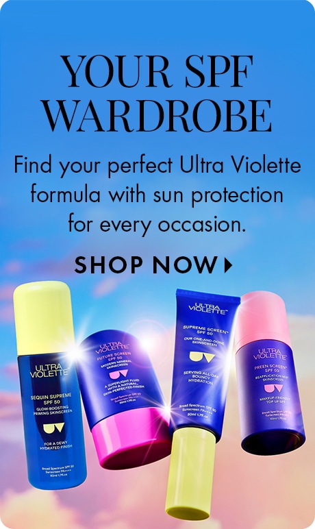 Blue‑to‑pink gradient sky background with text reading “Your SPF Wardrobe” and “Find your perfect Ultra Violette formula with sun protection for every occasion,” plus “Shop Now.” Four Ultra Violette SPF products float at the bottom.
