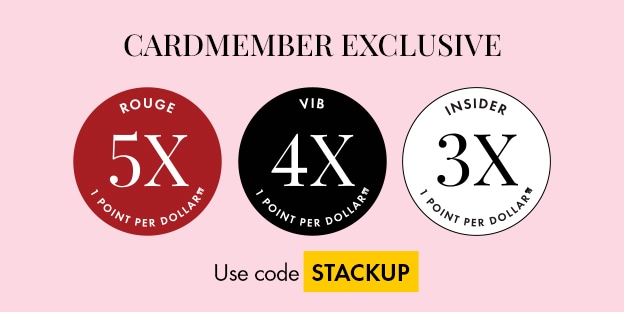 Cardmember exclusive graphic showing three loyalty tiers: Rouge earns 5X points, VIB earns 4X, Insider earns 3X, all “points per dollar,” with a note to use code STACKUP.