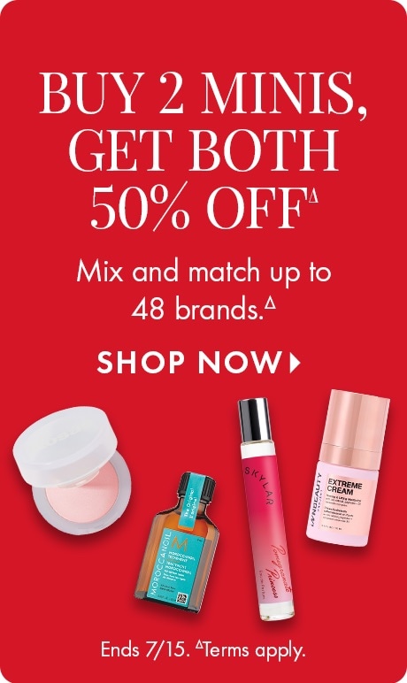Red background with text reading “Buy 2 Minis, Get Both 50% Off” and “Mix and match up to 48 brands,” plus “Shop Now.” Four mini beauty products are shown, including skincare, fragrance, and makeup. Text at bottom reads “Ends 7/15. Terms apply.”