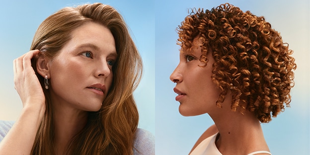 Image of curly hair model and dark blonde model.