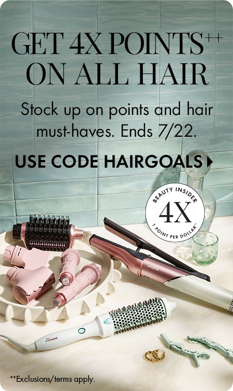 Light blue tiled background with text reading “Get 4X Points on All Hair,” “Ends 7/22,” and “Use Code HAIRGOALS.” A Beauty Insider 4X badge appears above hair tools including dryers, brushes, styling tools, and clips.