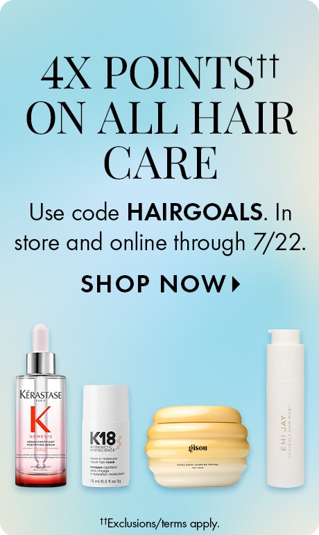 Blue gradient background with text reading “4X Points on All Hair Care,” “Use code HAIRGOALS,” and “In store and online through 7/22,” plus “Shop Now.” Four hair products are shown below, with fine print noting exclusions and terms apply.