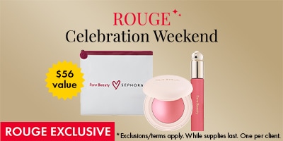 Rouge Celebration Weekend banner featuring Rare Beauty gift set with $56 value badge and Rouge Exclusive disclaimer.