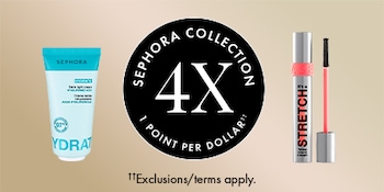Sephora Collection 4X points per dollar offer badge displayed between a Sephora Collection Hydrating product and a colorful Size Up mascara. Text reads: “Sephora Collection 4X Points Per Dollar” and “*Exclusions/terms apply.”