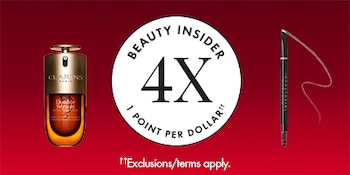 Beauty Insider 4X points promotion on red background with Clarins serum bottle and Anastasia Beverly Hills brow pencil; text reads “4x points per dollar,” exclusions/terms apply.