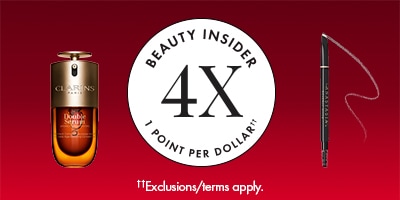 Beauty Insider 4X points promotion on red background with Clarins serum bottle and Anastasia Beverly Hills brow pencil; text reads “4x points per dollar,” exclusions/terms apply.