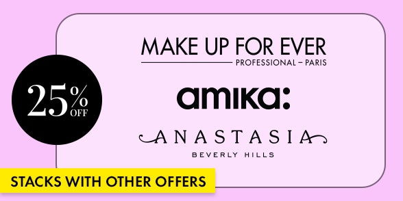 "STACKS WITH OTHER OFFERS" Promotional graphic on a light lavender background with a black circle showing 25% off and brand logos for Make Up For Ever Professional Paris, amika:, and Anastasia Beverly Hills inside a rounded rectangle border.