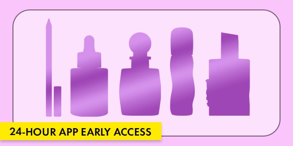 "24-HOUR APP EARLY ACCESS" Purple beauty product silhouettes on a light purple background.