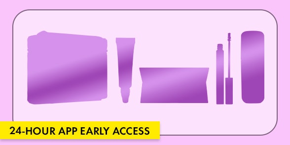 "24-HOUR APP EARLY ACCESS" Purple beauty product silhouettes on a light purple background.
