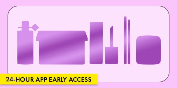 "24-HOUR APP EARLY ACCESS" Row of purple beauty product silhouettes on a light purple background.