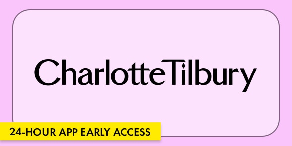 "24-HOUR APP EARLY ACCESS" Promotional graphic featuring the Charlotte Tilbury logo on a light lavender background with a rounded border.