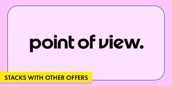 "STACKS WITH OTHER OFFERS" Point of View logo on a light purple background.