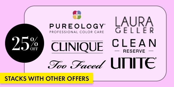 "STACKS WITH OTHER OFFERS" Promotional graphic with a black circle showing 25% off and brand logos for Pureology Professional Color Care, Laura Geller, Clinique, Clean Reserve, Too Faced, and Unite on a light purple background.