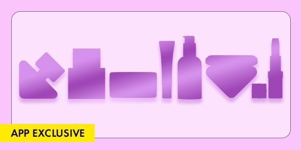 "APP EXCLUSIVE" Lavender promotional graphic featuring stylized beauty product icons and a yellow banner with the offer text.
