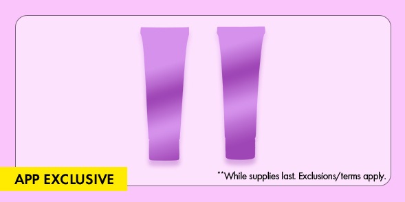 "APP EXCLUSIVE" Two purple beauty product silhouettes on a light purple background with small disclaimer text. Provide your feedback on BizChat