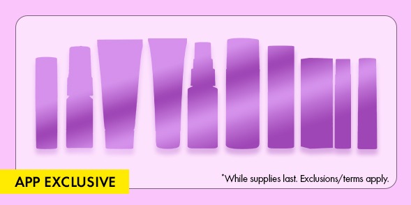 "APP EXCLUSIVE" Row of purple beauty product silhouettes on a light purple background with small disclaimer text.
