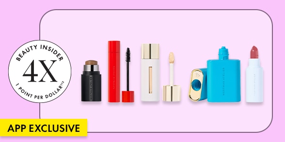 "APP EXCLUSIVE" Beauty Insider badge showing 4X points per dollar alongside a row of beauty products on a light purple background.