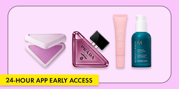 "24-HOUR APP EARLY ACCESS" Beauty products including blush, fragrance, lip treatment, and Moroccanoil hair treatment on a lavender background.