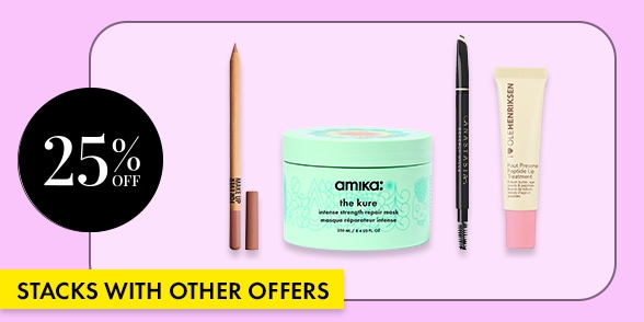 "STACKS WITH OTHER OFFERS" Amika hair mask, brow pencil, lip product, and eyeliner on a lavender background with a 25% off badge.