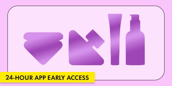 "24-HOUR APP EARLY ACCESS" Lavender promotional graphic featuring stylized beauty product icons and a yellow banner with the offer text.