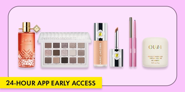 "24-HOUR APP EARLY ACCESS" Promotional graphic featuring a selection of beauty products, including perfume, an eyeshadow palette, concealer, lip gloss, makeup brushes, and a compact powder, on a light lavender background.