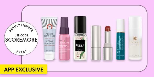 "APP EXCLUSIVE" Assortment of beauty products with a Beauty Insider sample offer badge on a light purple background.