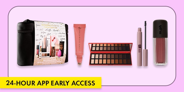"24-HOUR APP EARLY ACCESS" Beauty gift set and makeup products on a lavender background.