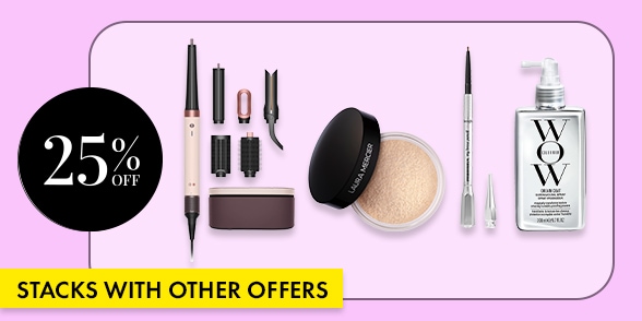 "STACKS WITH OTHER OFFERS" Beauty products including makeup brushes, powder foundation, brow pencils, and COLOR WOW hair treatment on a lavender background with a 25% off badge.