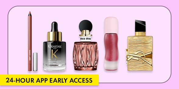 "24-HOUR APP EARLY ACCESS" Assorted beauty products on a lavender background.