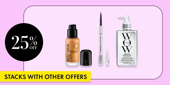 "STACKS WITH OTHER OFFERS" Makeup foundation, brow products, and COLOR WOW hair treatment on a lavender background with a 25% off badge.