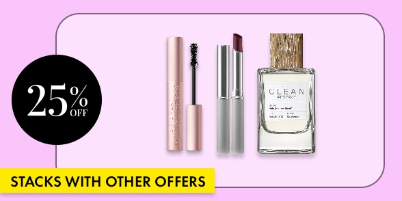 "STACKS WITH OTHER OFFERS" Beauty products with a 25% off badge on a lavender background.