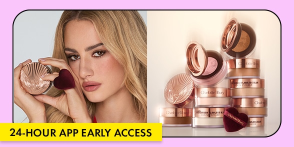 "24-HOUR APP EARLY ACCESS" Beauty campaign featuring a model holding a powder compact beside a display of Charlotte Tilbury pressed powders on a lavender background.