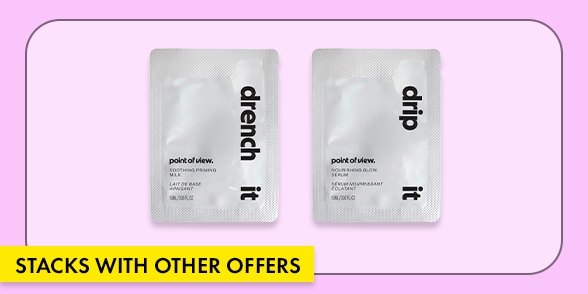 "STACKS WITH OTHER OFFERS" Two Drip skincare product packets on a lavender background.