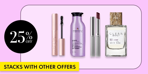 "STACKS WITH OTHER OFFERS" Beauty products including mascara, shampoo, lipstick, and fragrance on a lavender background with a 25% off badge.