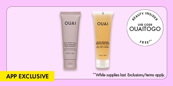 "APP EXCLUSIVE" Two OUAI product tubes on a lavender background with a Beauty Insider badge promoting code OUAITOGO.