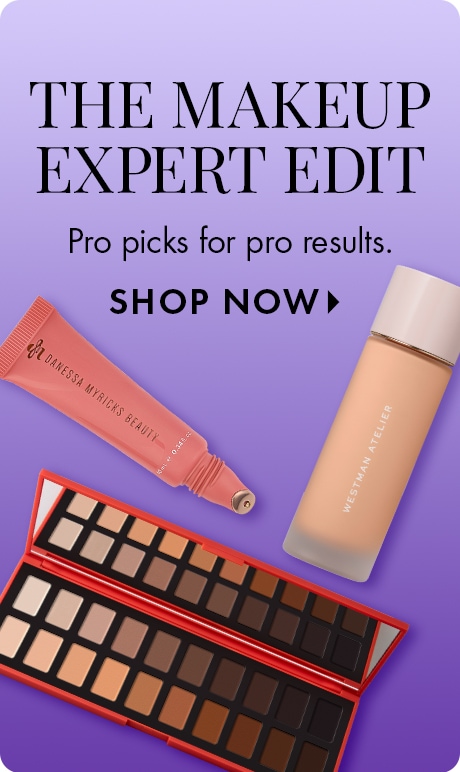 "THE MAKEUP EXPERT EDIT" "Pro picks for pro results." "SHOP NOW" Beauty ad on a purple gradient background featuring a tube of Saie beauty product, a Westman Atelier foundation bottle, and an open eyeshadow palette.