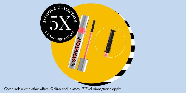 Sephora Collection 5X Points Per Dollar Sephora Collection Size Up mascara product and wand on a yellow circle with black-and-white striped accent. Small text reads: “Combinable with other offers. Online and in store. *Exclusions/terms apply.”
