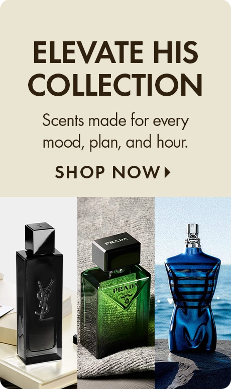 "Elevate His Collection" with text: "Scents made for every mood, plan, and hour." and "SHOP NOW". Below are three fragrance bottles: black YSL bottle, green Prada bottle, and blue torso-shaped bottle on a beige background.