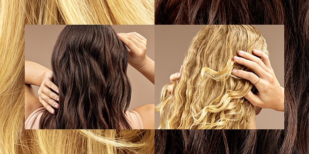 Collage of hair textures featuring two back-view portraits: one with long dark wavy hair and one with long blonde wavy hair, each touching their hair, set against close-up backgrounds of blonde and dark hair strands.