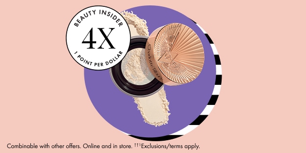 Beauty Insider 4X Points Per Dollar badge next to an open loose powder compact on a purple circle. Small text notes offers are combinable online and in store; exclusions apply.