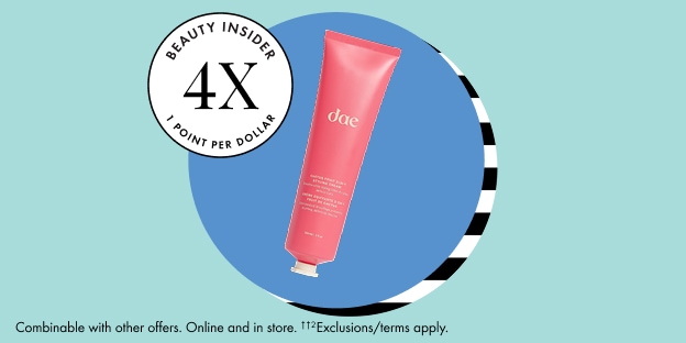 Beauty Insider 4X Points Per Dollar badge next to a pink Doe skincare tube on a blue circle. Small text notes offers are combinable online and in store; exclusions apply.