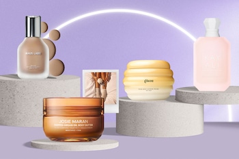products displayed: Haus Labs by Lady Gaga Foundation, Josie Maran Body Butter, KAYALI fragrance bottle, gisou hair