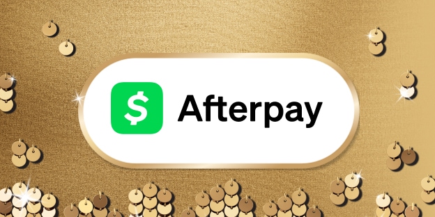 White rounded rectangular button with a green square logo containing a white dollar sign, followed by black text “Afterpay,” on a gold textured background with scattered gold-and-black circular decorations and small sparkle accents.