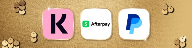 Gold background with scattered small flower-like motifs. Three rounded square app icons centered in a row: a pink icon with black letter “K,” a white icon with green “Afterpay” logo and text, and a white icon with blue PayPal “P” logo.
