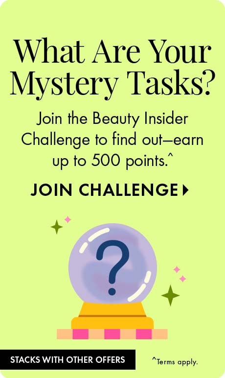 Light green background with text reading “What Are Your Mystery Tasks?” and “Join the Beauty Insider Challenge to earn up to 500 points,” plus “Join Challenge.” A crystal ball with a question mark appears with sparkles.