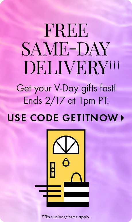 Purple and pink swirled background with text: “Free Same‑Day Delivery. Get your V‑Day gifts fast! Ends 2/17 at 1pm PT. Use code GETITNOW.” Below is an illustration of a yellow door with a striped Sephora bag at the doorstep.