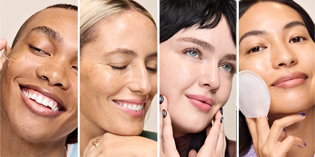 The image features hands applying skincare products to the face, highlighting hydration, healthy skin, and a natural glow. Visible purple nail polish suggests a focus on beauty and self-care routines.